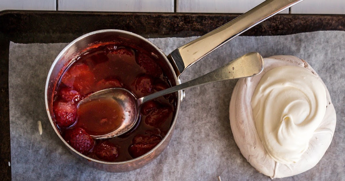 Milk and Honey Chocolate Ripple Meringues with Glazed Strawberries
