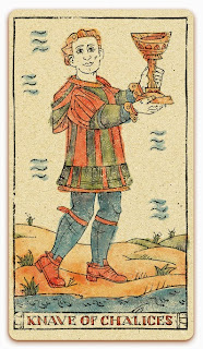 Knave of Chalices card - Colored illustration - In the spirit of the Marseille tarot - minor arcana - design and illustration by Cesare Asaro - Curio & Co. (Curio and Co. OG - www.curioandco.com)