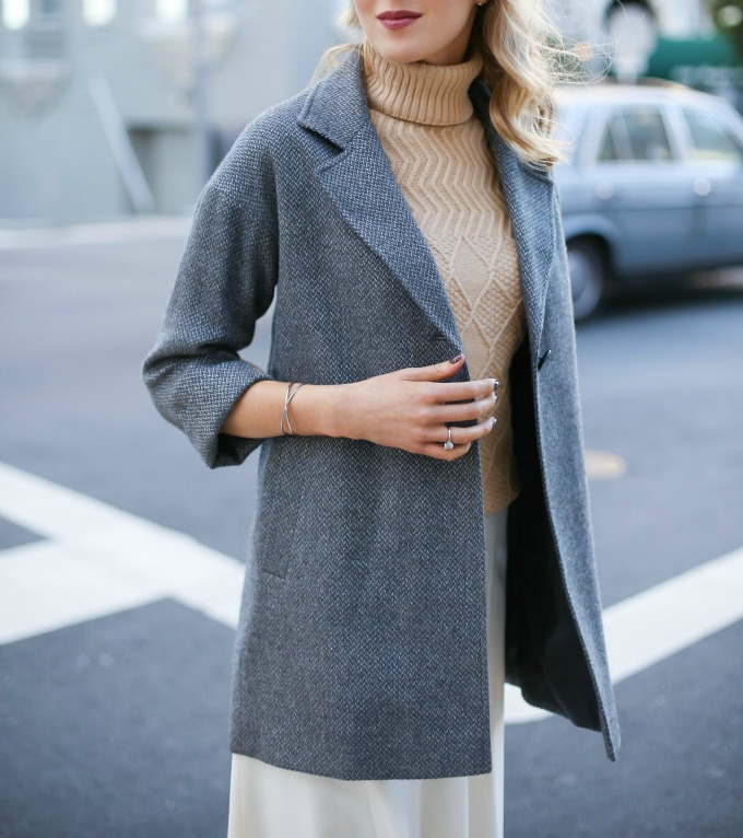 Grey Herringbone Coat Camel Cableknit Turtleneck