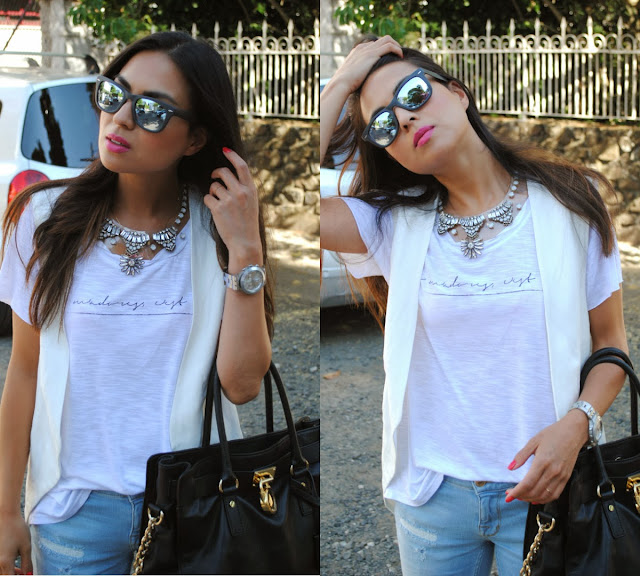 daniela pires, fashion blogger, street style, summer, vest zara, distressed jeans, michael kors hamilton, ray ban mirrored, maxi necklace, trend, fashionista