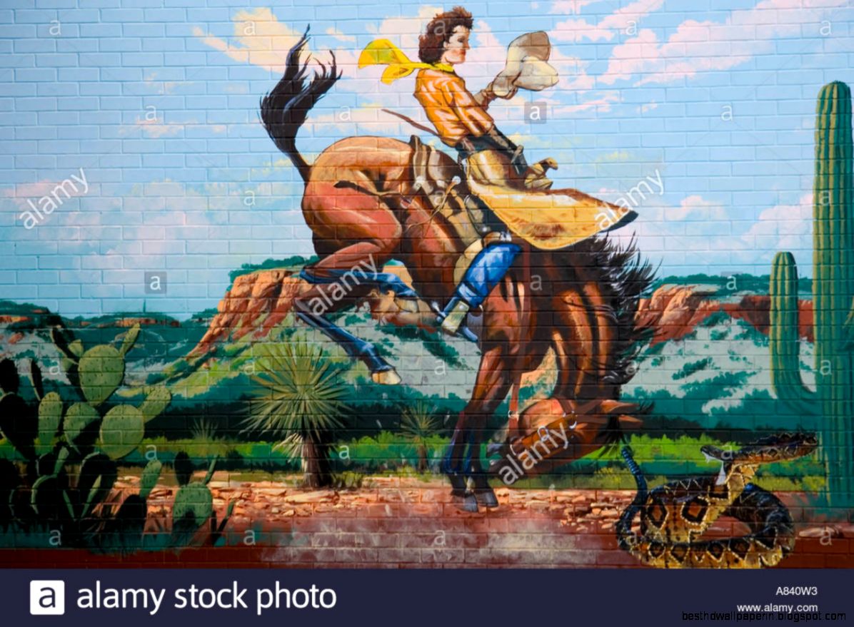 Western Mural Cowboy Riding Bronco Western Scenery Panted On Western Mural Cowboy Riding Bronco Western Scenery Panted On