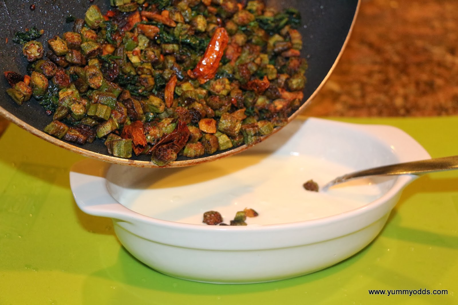 Yum! Yum! Yum! Bhindi Raita ( Spiced Okra in Yogurt)