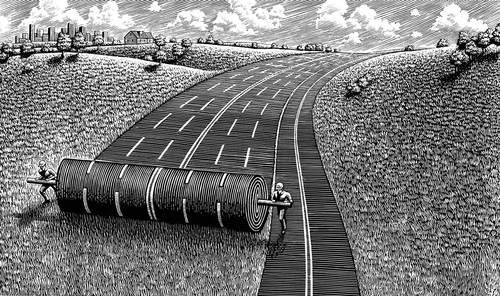 09-Rolling-out-the-Road-Douglas-Smith-Scratchboard-Drawings-Through-Time-and-Lives-www-designstack-co