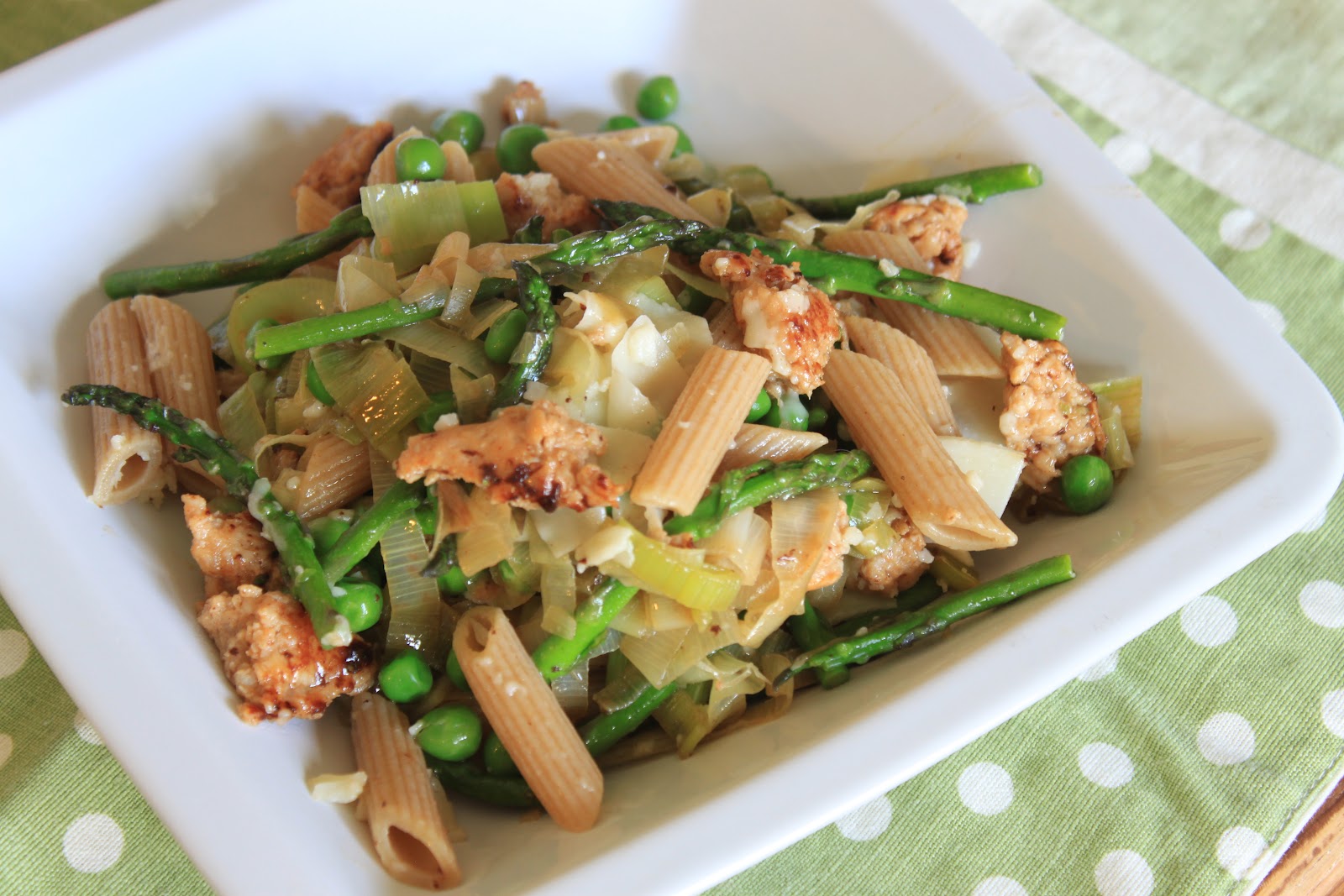 spring veggie pasta with chicken sausage greens & chocolate