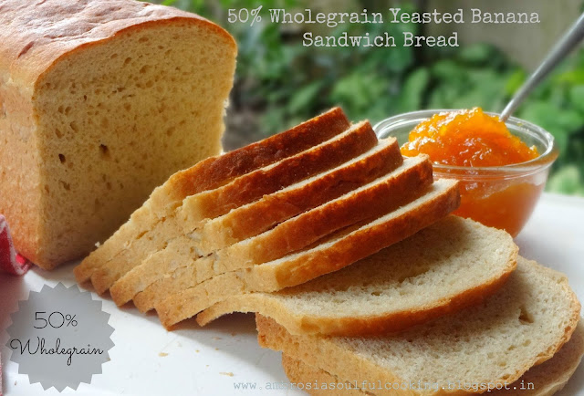 50% wholegrain yeasted banana sandwich bread | 50% whole wheat bread | banana atta bread