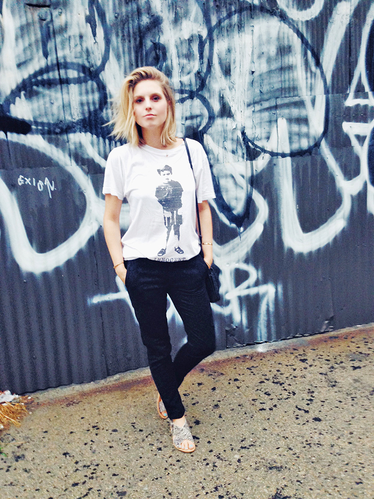 Marc Jacobs innocent civilian t-shirt, Zara brocade ankle pants and zebra print sandals, minimalism, graffiti wall