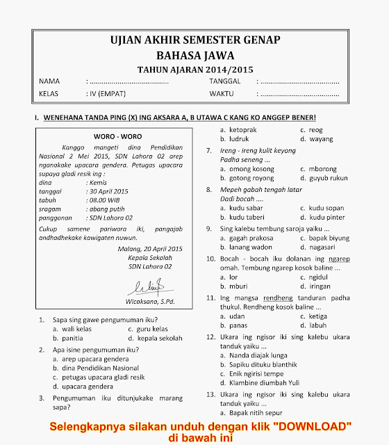 Soal Bahasa Jawa Kelas 4 Semester 2 Pdf Sekali