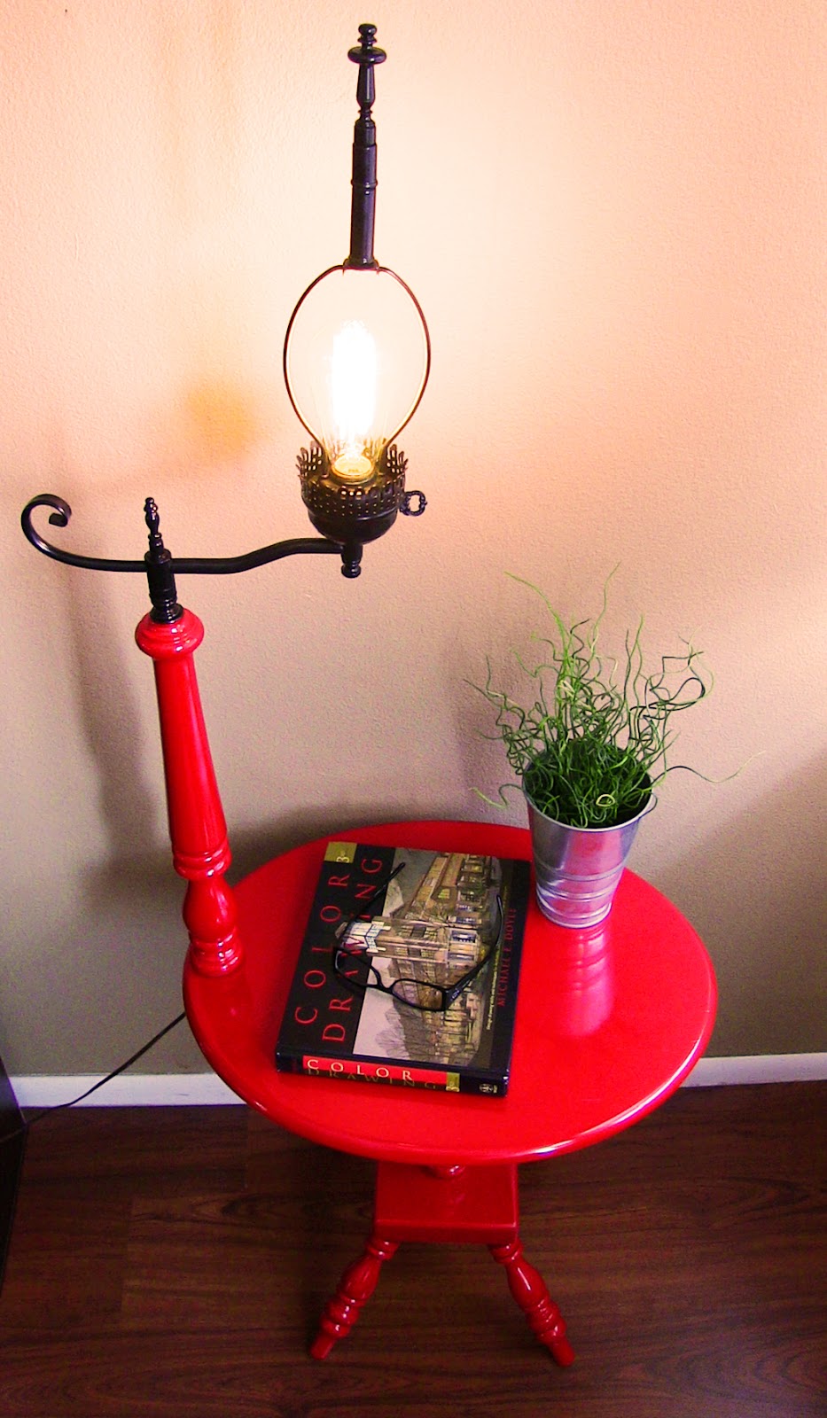 Apple Red and Black Vintage side table with Lamp attached Tweaked Designs