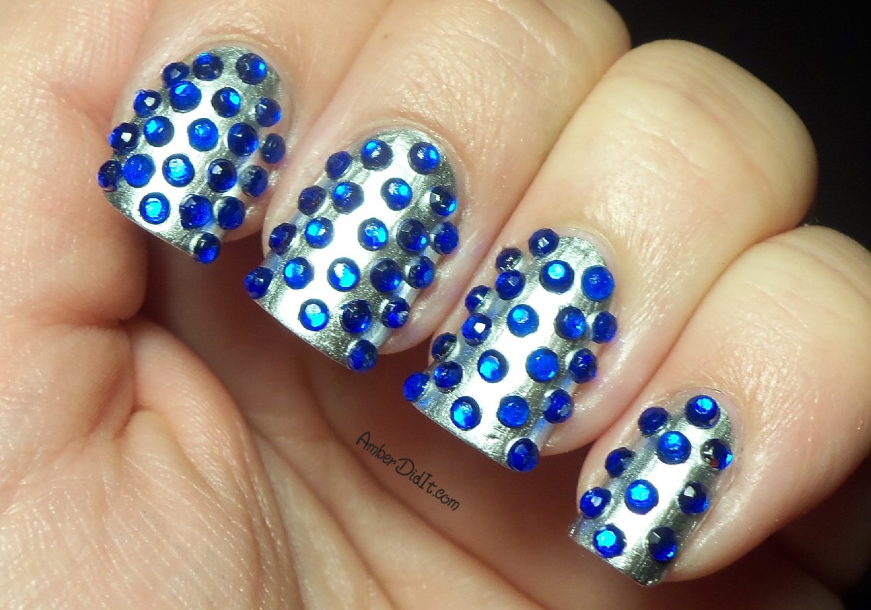 Blue and White Geometric Nail Art with Rhinestones - wide 3