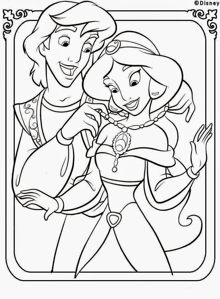 Cuentos infantiles Aladdin y Jasmine para colorear. Dibujos para imprimir.