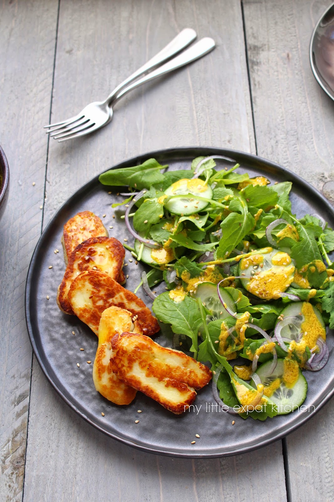 My Little Expat Kitchen Turnip greens and halloumi salad with tahini