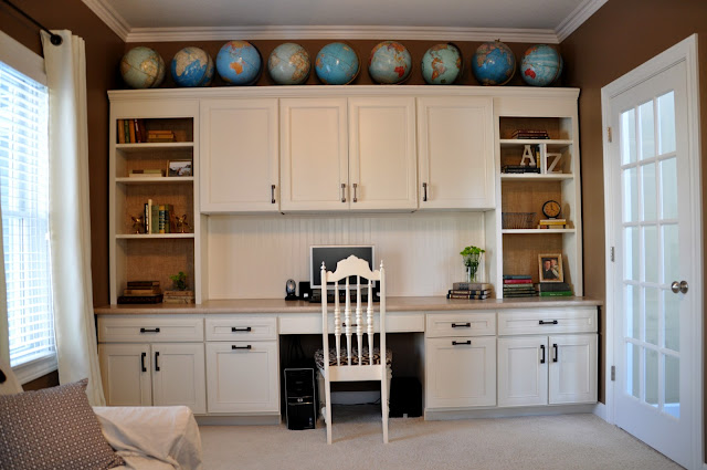 Home Office Built-in Cabinets, burlap wallpaper