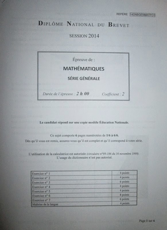 DNB maths 2014 Polynésie série générale