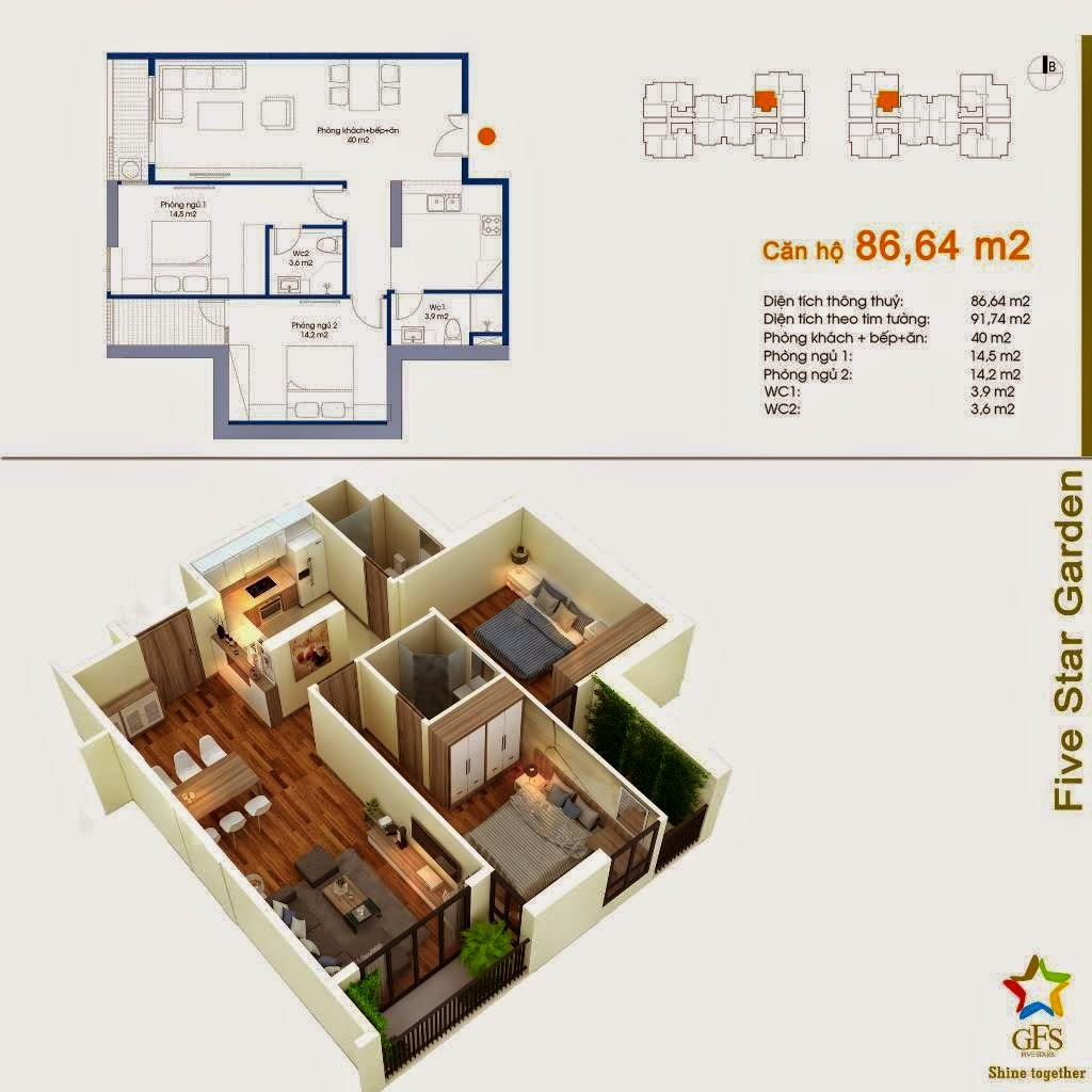 Thiết kế căn hộ 86,64 m2 Chung cư Five Star Kim Giang
