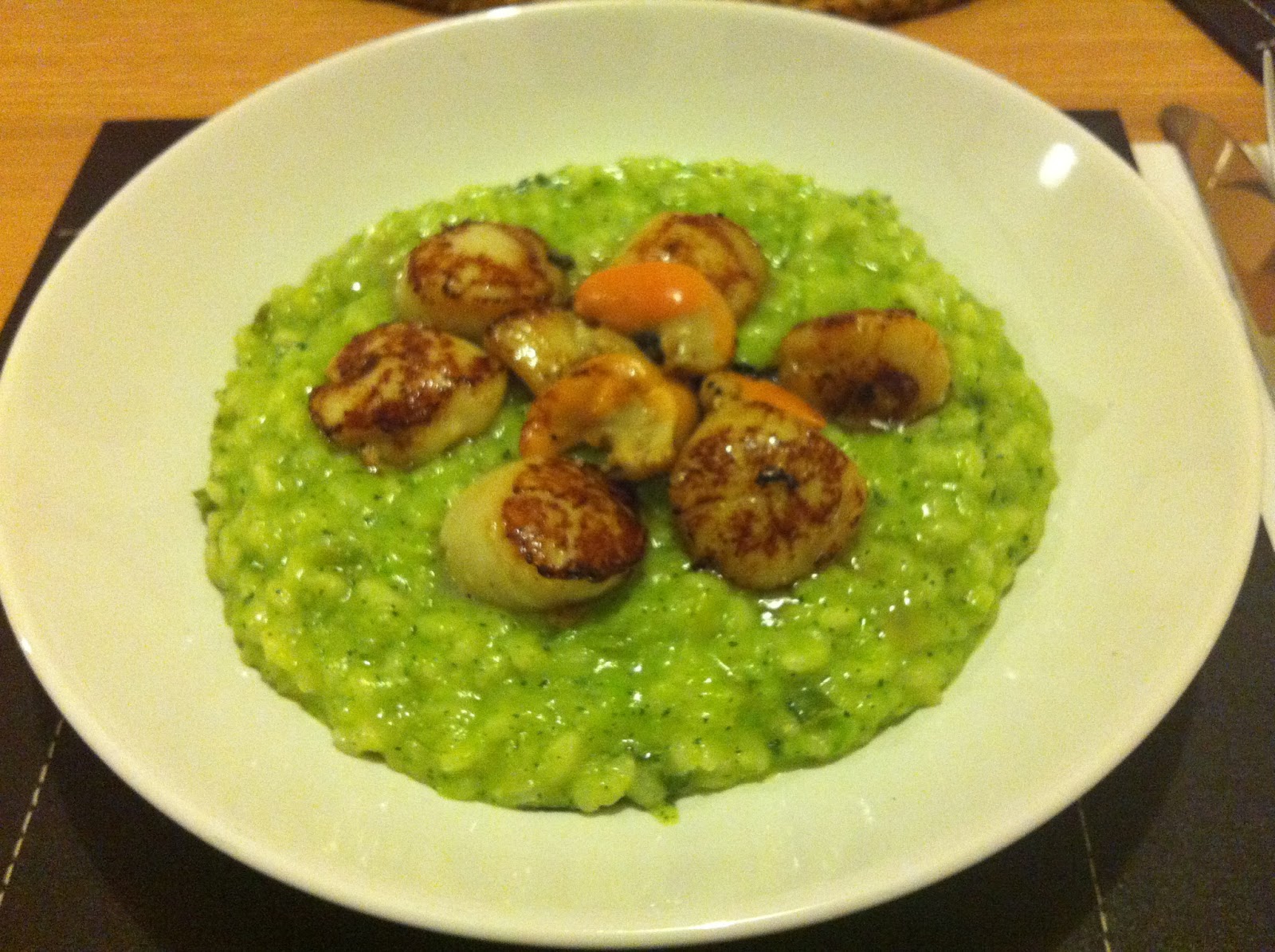 Pea and mint risotto with pan seared scallops may contain nuts...