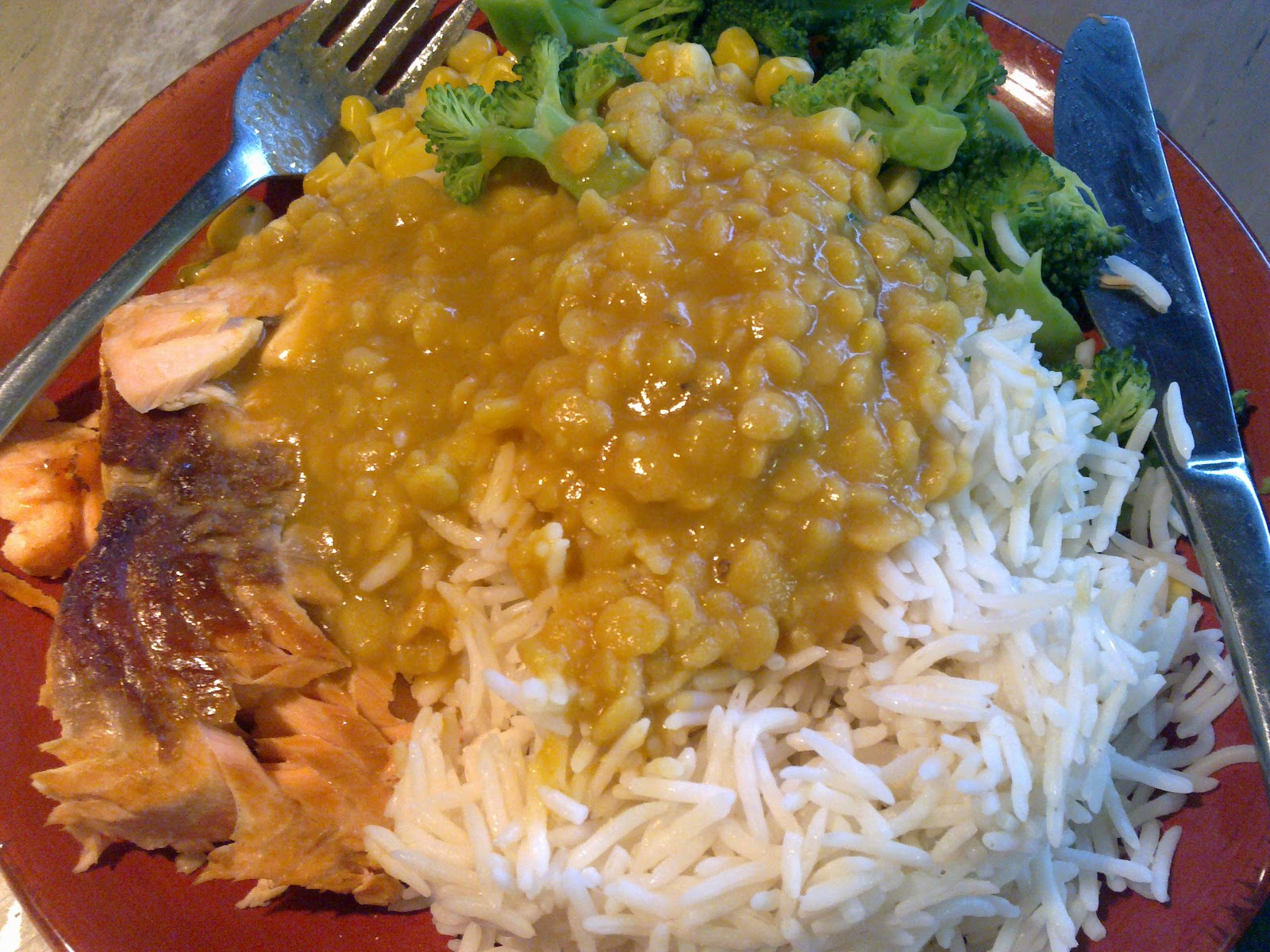 cinnamon vanilla dreams Baked salmon with basmati rice, dal and veggies