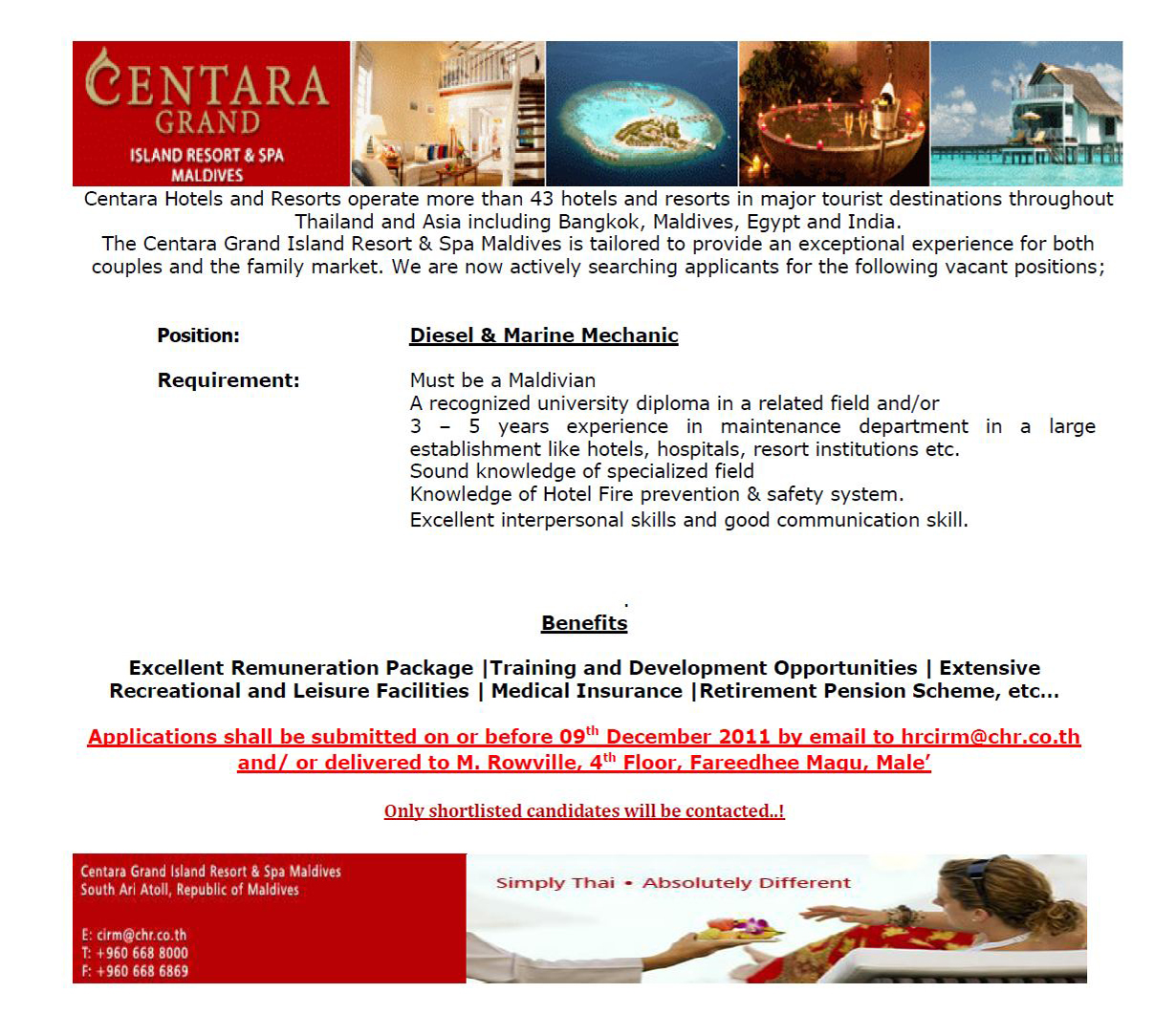 Diesel & Marine Mechanic Job Vacancy at Centara Grand Island Resort & Spa Maldives Centara+adert