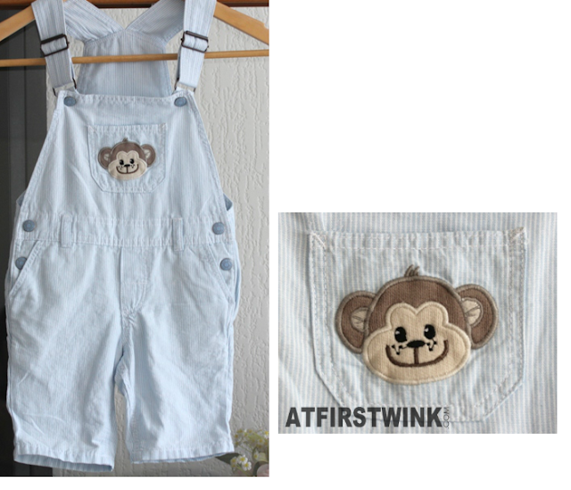 H&M white-blue striped baby dungarees with monkey face