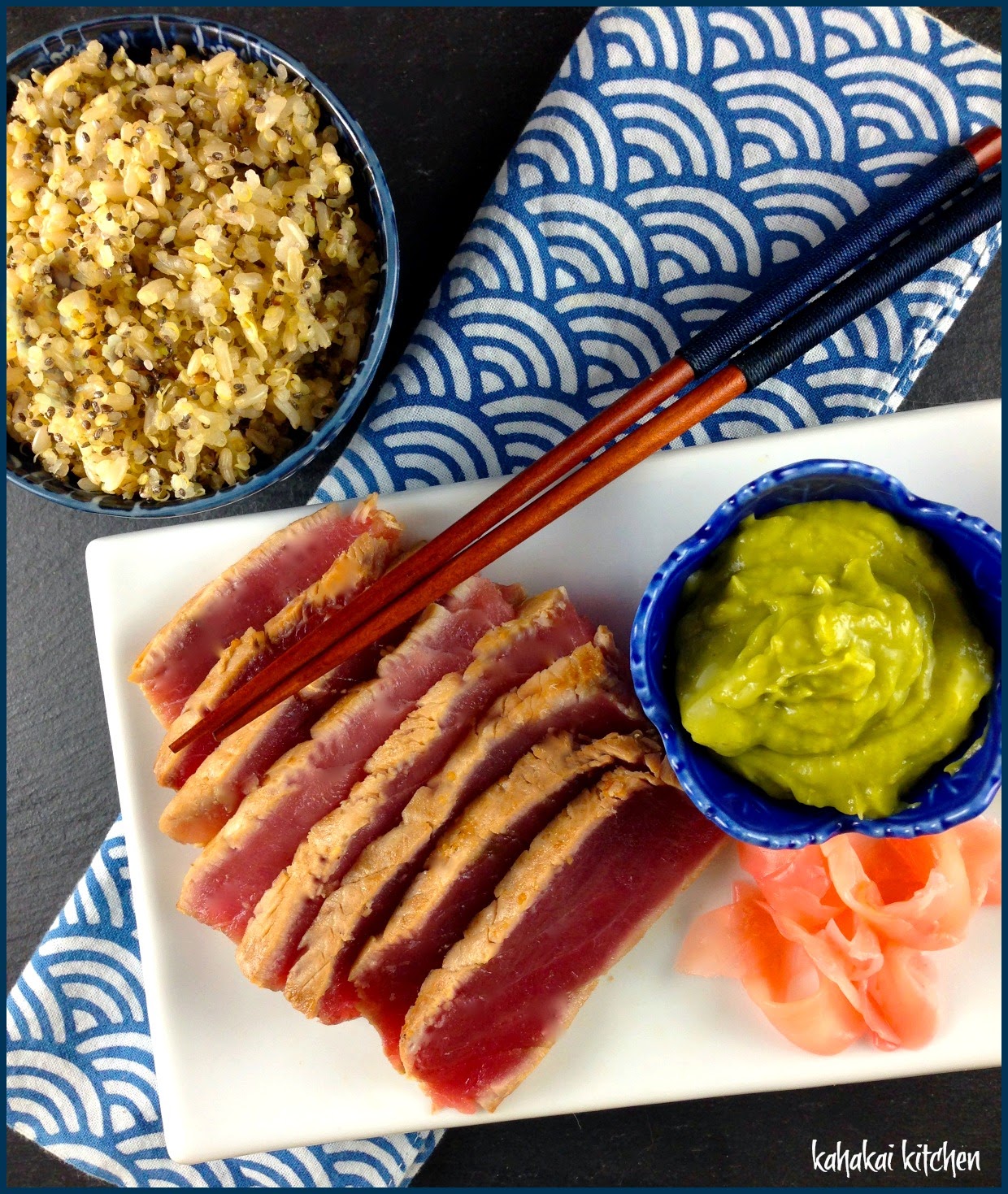 Kahakai Kitchen Seared Tuna with Avocado and Wasabi Puree and Brown