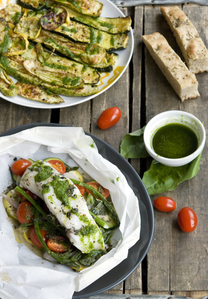 En Papillote Halibut in Parchment with Spring Vegetables WILD GREENS