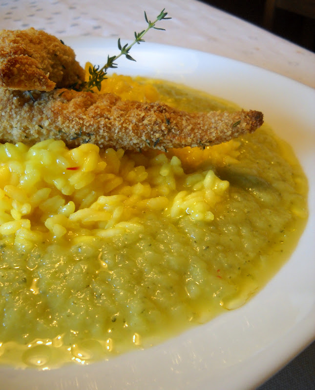 Risotto alla zafferano e gallinella croccante su crema di zucchine al
