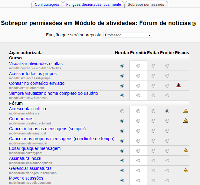 Sistema de papéis e permissões do Moodle - Moodle Grupos - Apoio à