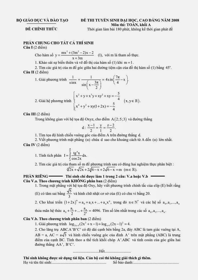 Tổng hợp đề thi đại học và đáp án môn toán khối A 2008 Tổng hợp đề thi đại học và đáp án môn toán khối A 2008