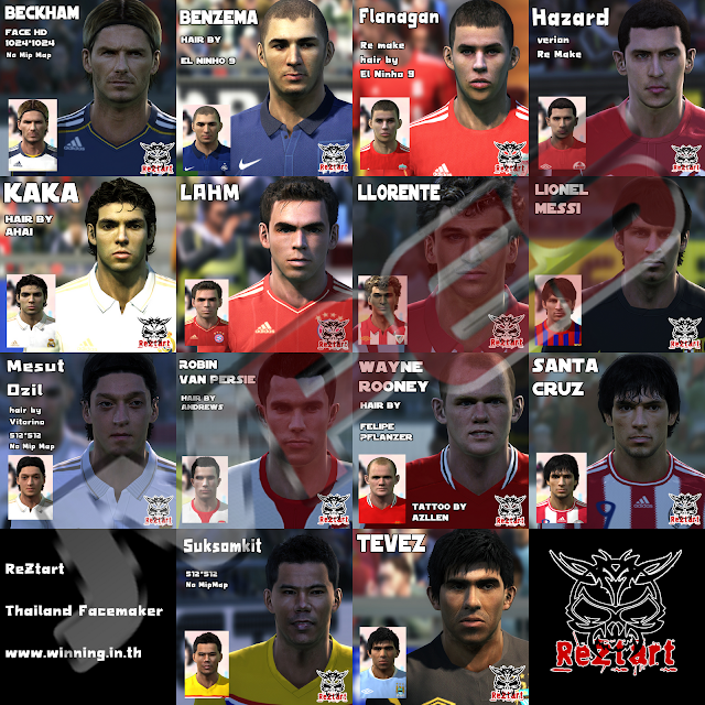 PES 2011: Face de Beckham, Benzema, Flanagan, Hazard, Kaká, Lahm, Llorente, Messi, Özil, Van Persie, Rooney, Santa Cruz, Suksamkit e Tévez Face de Beckham (LA Galaxy), Face de Benzema (Real Madrid), Face de Flanagan (Liverpool), Face de Hazard (Lille), Face de Kaká (Real Madrid), Face de Lahm (Bayern de Munique), Face de Llorente (Athletic Bilbao), Face de Messi (Barcelona), Face de Özil (Real Madrid), Face de Van Persie (Arsenal), Face de Rooney (Manchester United), Face de Santa Cruz (Blackburn), Face de Suksamkit (Bangkok Glass) e Face de Tévez (Manchester City) para PES 2011 Download