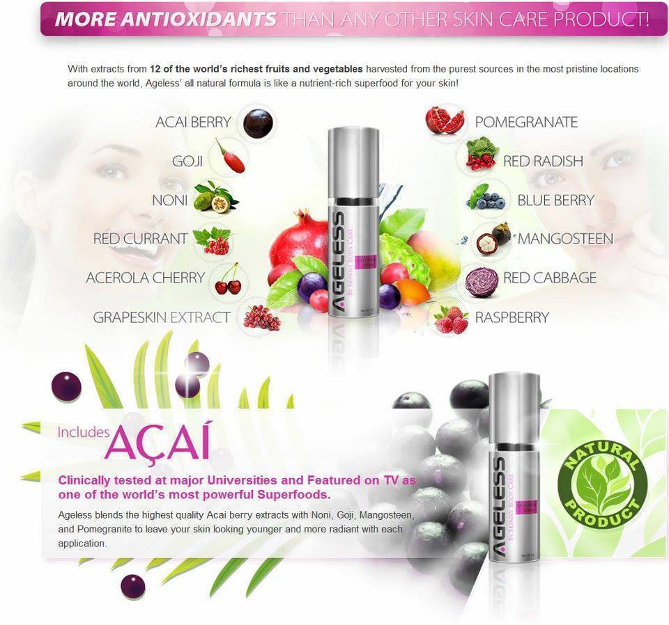The ingredients in Ageless include 12 antioxidants from fruits that make Ageless like an anti-aging superfood for your skin!