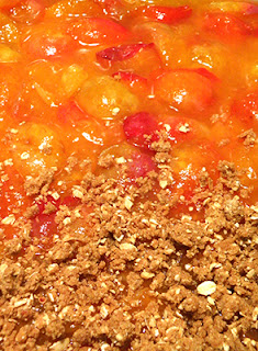 Yellow Plums in Baking Pan Being Sprinkled with Crumble Mixture