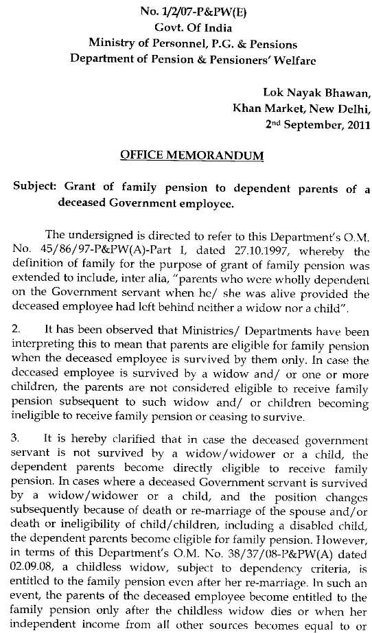 Postal Inspector M.P. Circle निरीक्षक दर्पण IP ASP MP Family Pension to dependent parents