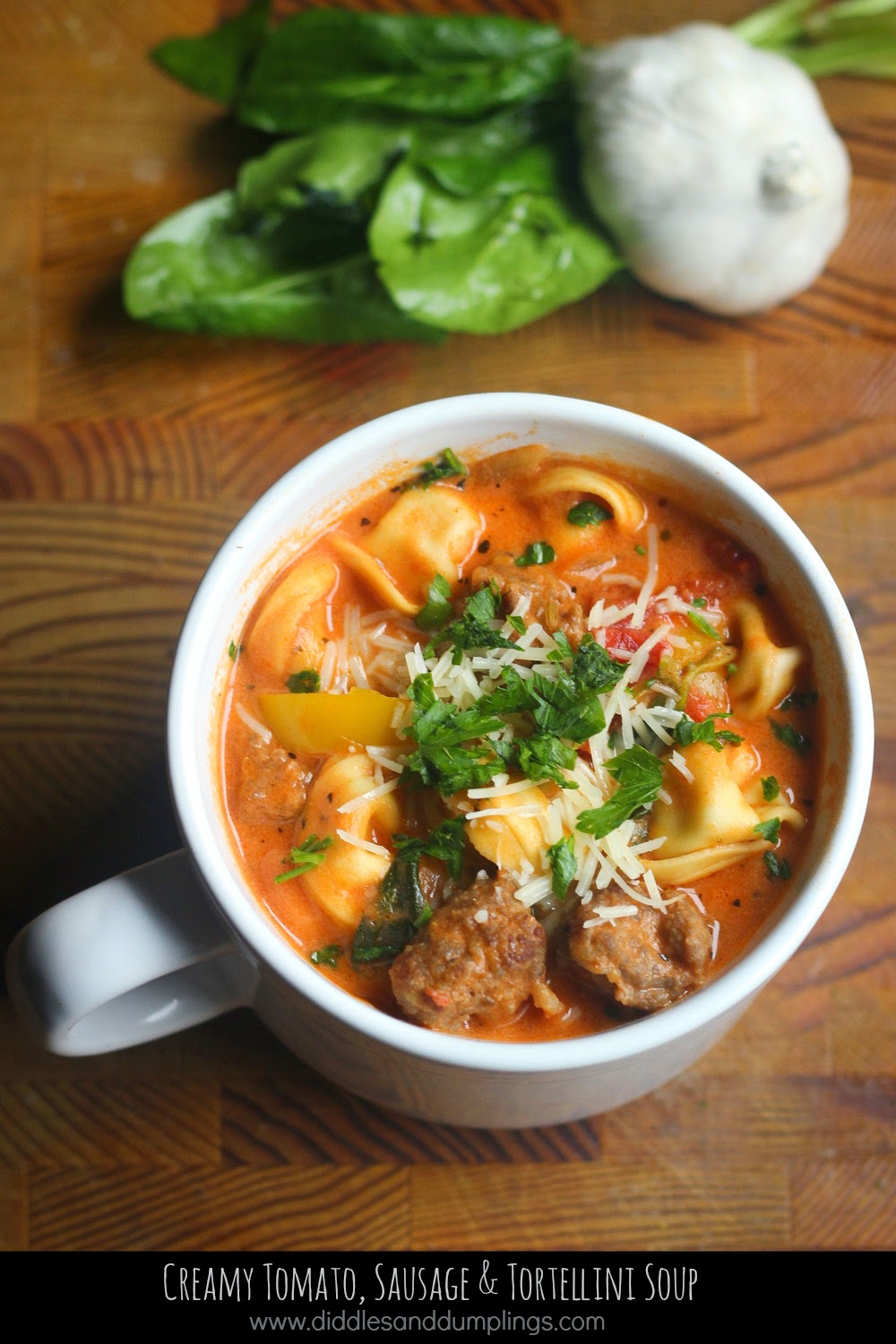 Diddles and Dumplings Creamy Tomato, Sausage & Tortellini Soup