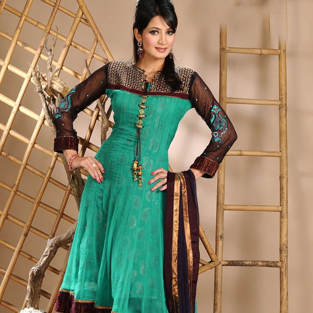Indian Salwar Kameez Medium Turquoise Net Churidar Umbrella Suite with
