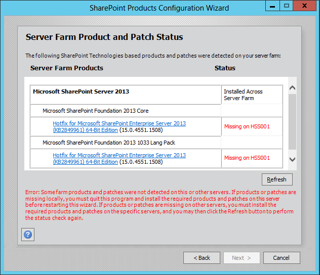 Error: Some Farm Products and patches were not detected on this or other servers