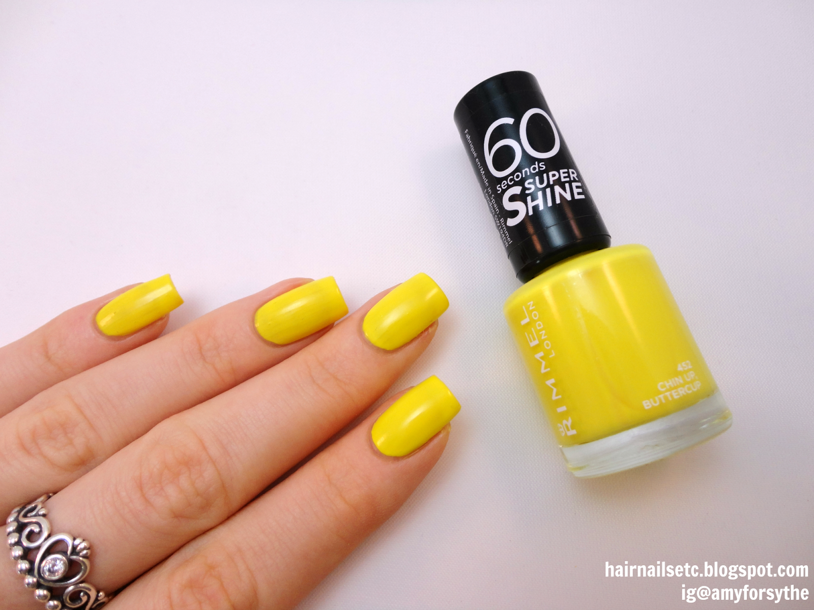 Rimmel New 60 Seconds Super Shine Nail Polish in Chin Up Buttercup Swatch and Review - hairnailsetc.blogspot.co.uk / instagram.com/amyforsythe