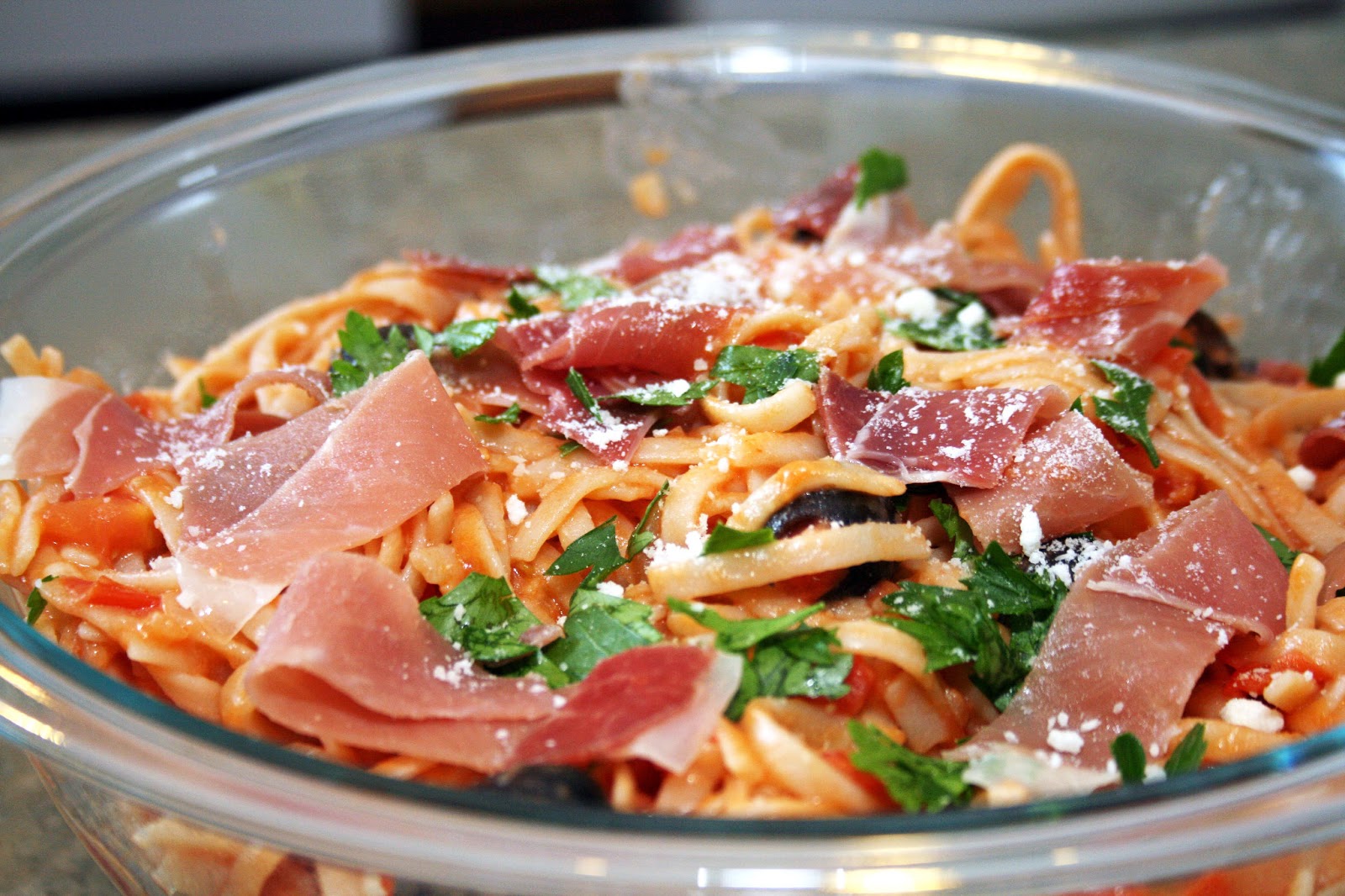 Lazy Gluten Free Prosciutto, Tomato, and Olive Fettuccini