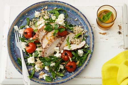 Pepper chicken and pearl couscous salad with Persian feta Pepper chicken and pearl couscous salad picture