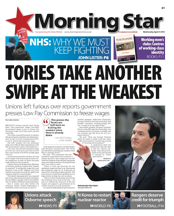 Wednesday's campaigning frontpage of the Morning Star: Tories attack the weakest AGAIN!