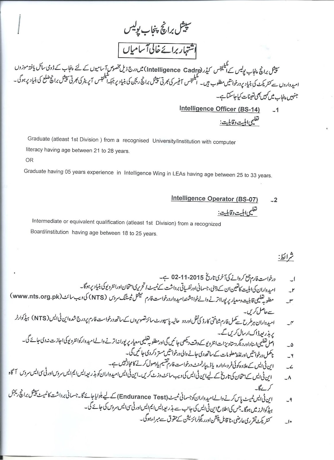 Intelligence Officers / Operators Jobs in Punjab Police Special Branch