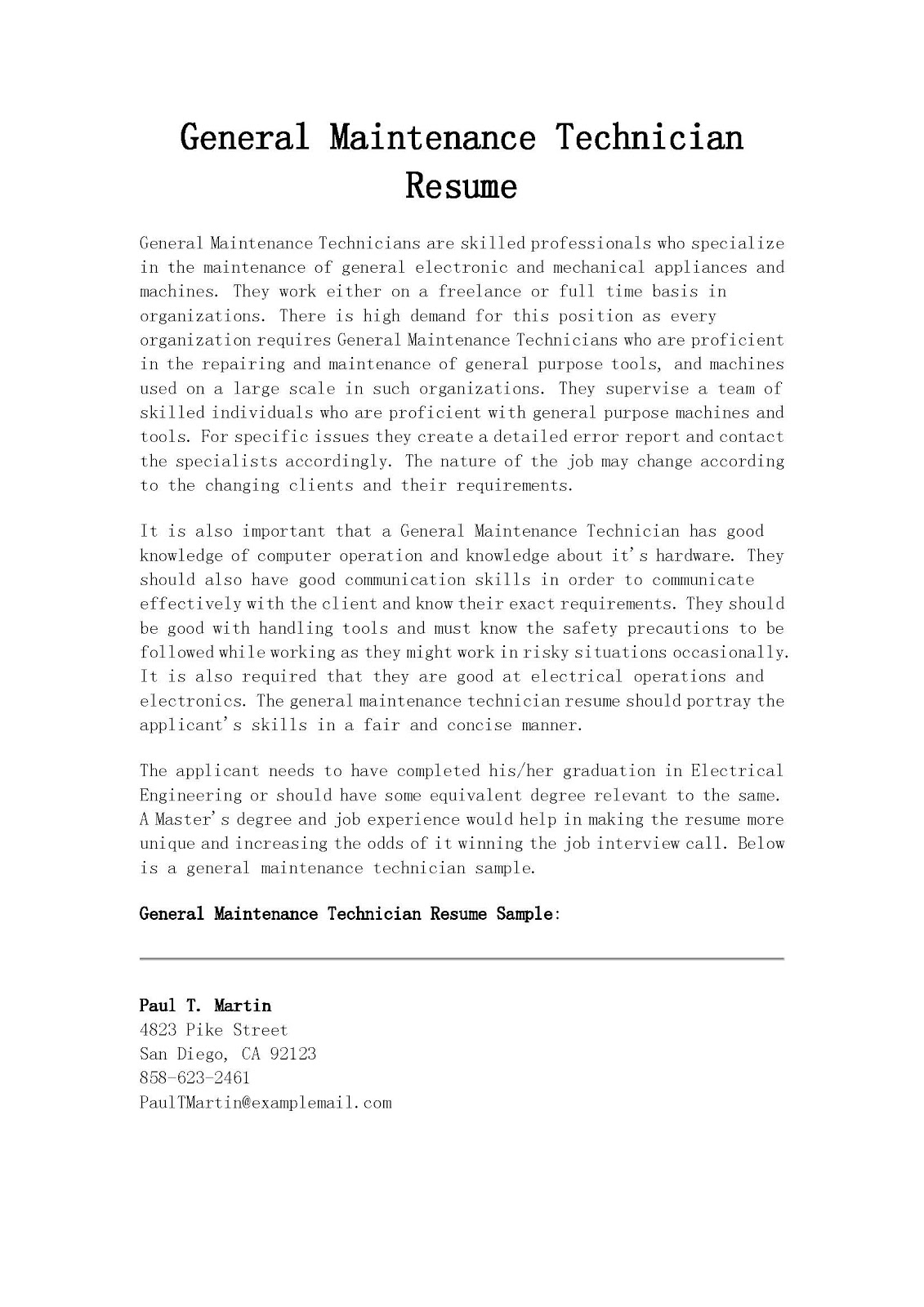 resume for maintenance job plks tk sample resume for maintenance