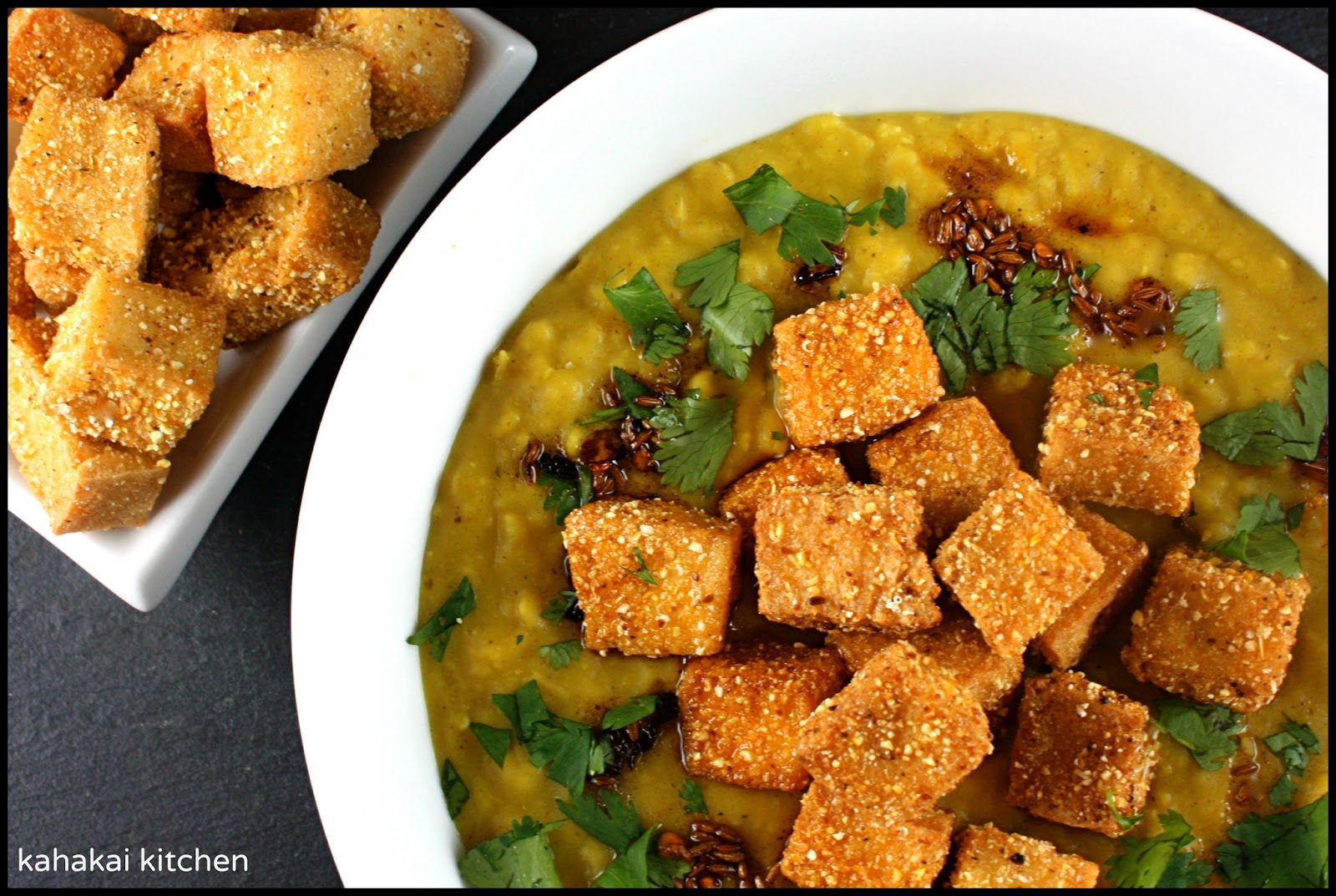 Kahakai Kitchen Red Lentil Soup with Fried Tofu and Chilli Oil for