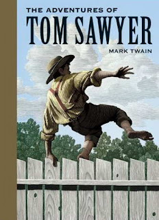 The Adventures of Tom Sawyer, published in 1876, was a literary departure of sorts for Twain, as he used a  centralized character and softened his use of satire. Based largely on his years along the Mississippi River in Hannibal, St.  Petersburg in the novel, it is highly autobiographical, drawing on Twains childhood memories of family and friends.   Tom is characterized as a bad good boy, one who is at the core a decent sort but who has just enough rascal in him to find  himself in trouble- often! As punishment for skipping school, Tom’s Aunt Polly has him whitewash a fence. Tom manages to  turn fence washing into community effort, enticing & cajoling other boys to help. Not only does the fence get painted, but Tom  becomes rich in things that boys treasure. Soon after this incident, Tom falls in love with new girl Becky Thatcher. His  lamentations over desiring her and the lengths to which Tom goes to try and get her attention seem like a chivalric knights tale.  One of the major conflicts in the book arises from Tom’s relationship with Huckleberry Finn. Tom is not allowed to play  with Huck, son of the town drunk, but takes up with him at every opportunity. Huck convinces Tom that saying an incantation in  at night while swinging a dead cat in a cemetery over the grave of a recently buried evil person will remove his warts. The night  takes on a really sinister twist when the boys witness the murder of Dr. Robinson by Injun Joe and Muff Potter. Injun Joe  convinces the drunken Potter that he was the responsible party in the murder and Potter runs away leaving his knife at the  scene. Huck and Tom swear a blood oath never to tell what they have seen. The murder changes the tone of the book from  humorous and nostalgic to one of violence and evil.   After witnessing the murder, Tom’s world begins to crash around him so he, Joe Harper, and Huck decide to run  away. They borrow a raft, steal some food, and float down to a wooded island where they camp out like pirates. The  townspeople search for the boys and after a few days start planning their funerals. Tom has learned this by sneaking back  home and eavesdropping on his grieving aunt and Mrs. Harper. Tom relishes the attention the boys are getting, including  Becky’s lamenting his untimely death and the boys are overwhelmed with a warm reception when they march down the church  aisle during the ministers eulogy at their own funeral. Tom uses his newfound appreciation to spurn Becky, as their relationship  continues on a rocky road.   During the trial of Muff Potter Tom reveals what he saw indicating Injun Joe was the real killer. Injun Joe manages to  escape striking fear in both boys’ hearts. While searching for treasure the boys discover Injun Joe in disguise and hear him  plan a robbery and revenge job. While waiting for Injun Joe to reappear so he can be exposed, Becky and Tom go on a picnic.  They get lost in a cave for three days. Tom spies the silhouette of Injun Joe in the cave, but luckily locates an opening for he  and Becky to escape. Judge Thatcher orders the cave sealed and Tom is both filled with compassion for Injun Joes resulting  death and relief at no longer having to live in fear. The story ends with The Widow Douglas taking Huck in and with Huck  questioning his proper life in the Widows care, lamenting for his old self.   The tale leads the reader to believe that there will be more of Tom’s adventures in future books. While readers can  only use conjecture about Tom growing into adulthood, they have read a very satisfying story about life in an earlier, simpler  time set on a river.  