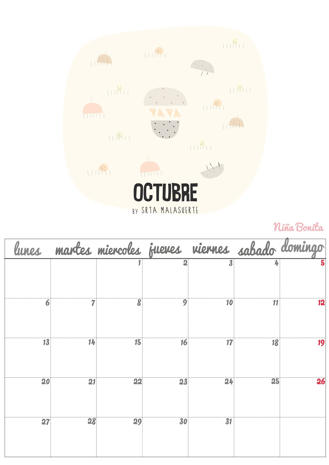 Imprimible Calendario Octubre 2014 Niña Bonita