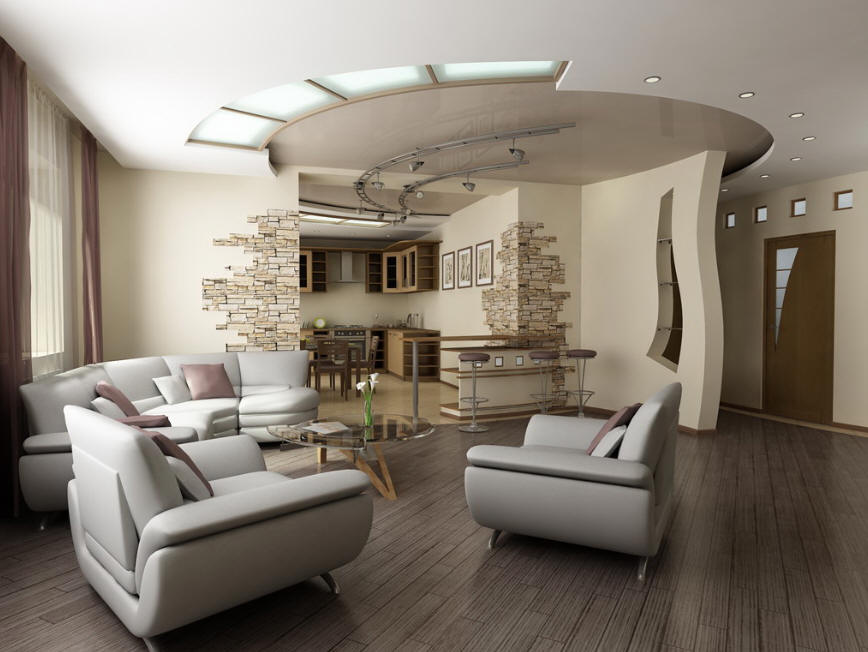 living room design: modern living room design with luxurious ceiling