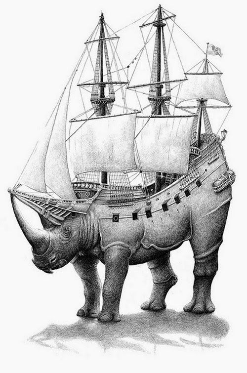 05-Rhino-Ship-Redmer-Hoekstra-Surreal-Animals-Ink-Drawings-www-designstack-co