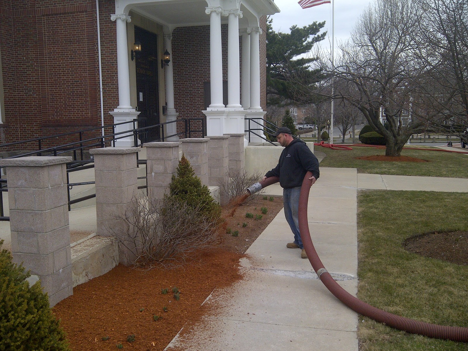 Spreading Mulch at Wakefield, MA Town Hall Jeff's Landscape Inc.