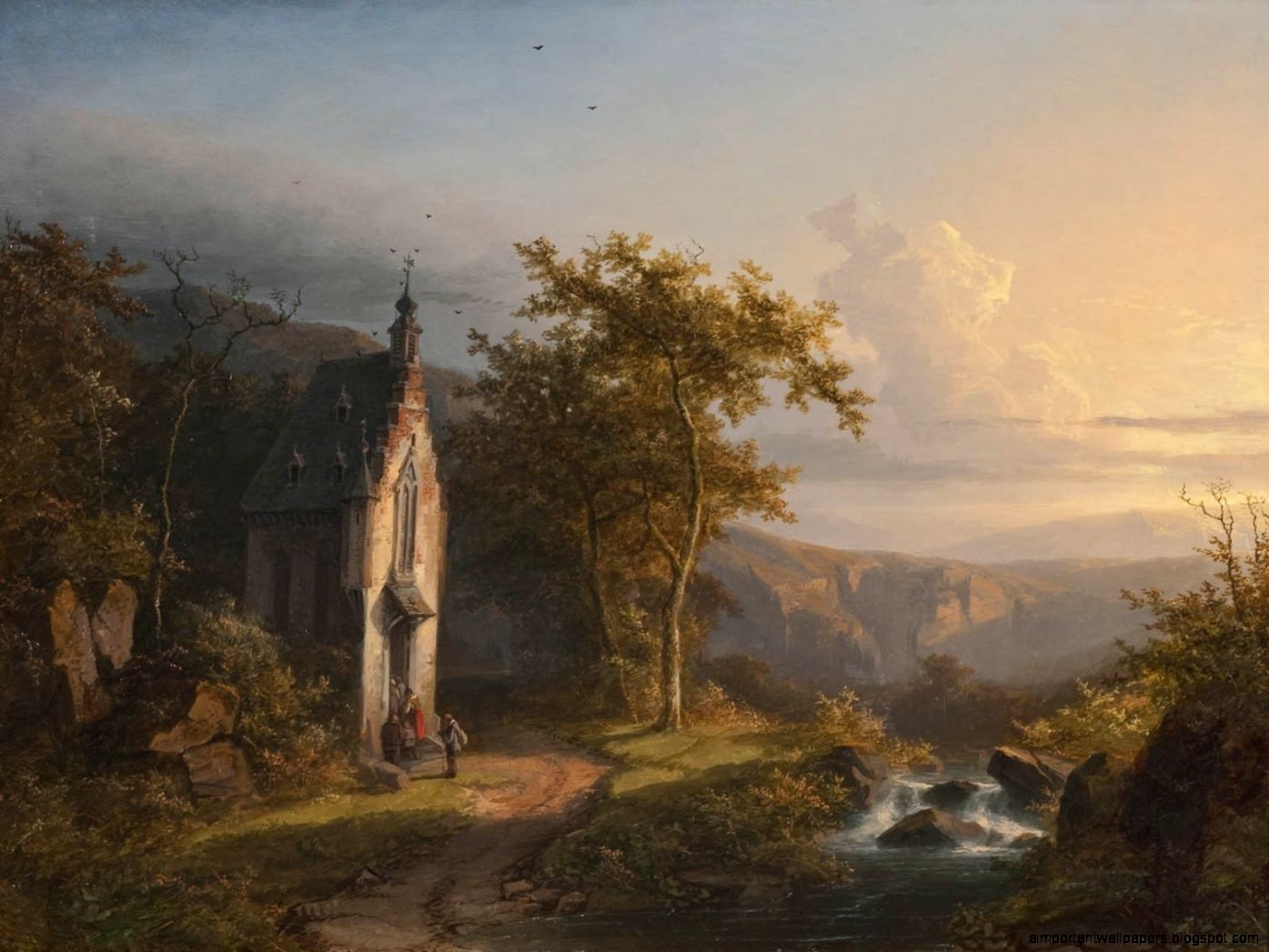 painting Classic Art Waterfall Stream Church Dirt Road painting Classic Art Waterfall Stream Church Dirt Road