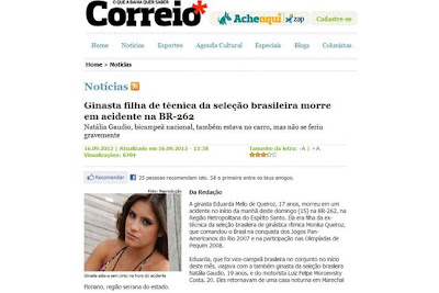 Jovem ginasta brasileira morre em acidente de viação