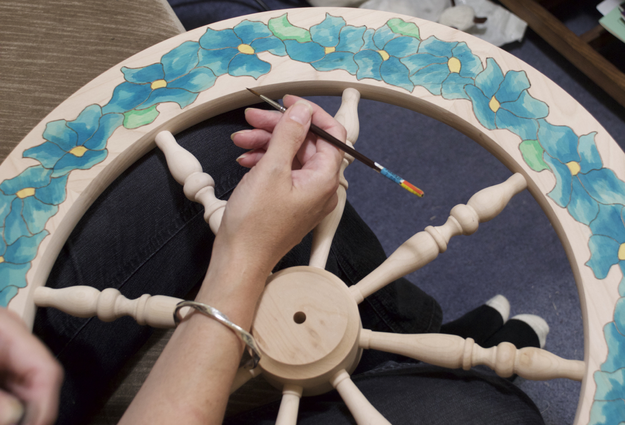 Stitchin' Bints Tiffany Clematis handpainted spinning wheel