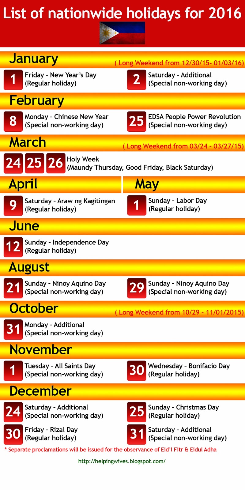 List of nationwide holidays for 2016 Helping Wives